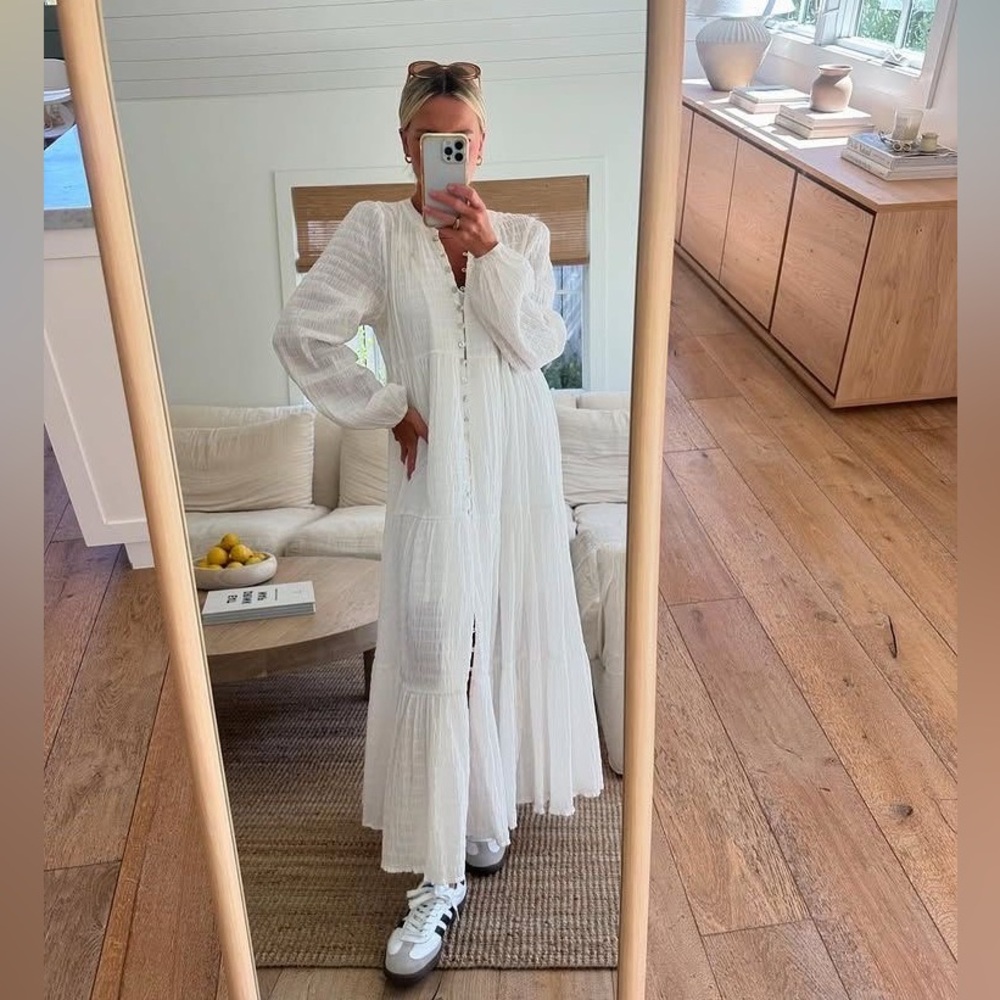 White Ruffled Maxi Gown with V-Neck and Bishop Sleeves